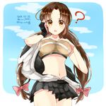  :o ? bangs breasts brown_hair cowboy_shot dated day gloves hakama_skirt hand_on_own_chest hand_on_own_face kantai_collection large_breasts long_hair low-tied_long_hair low_twintails midriff miniskirt navel parted_bangs partly_fingerless_gloves shouhou_(kantai_collection) skirt sky solo twintails yellow_bunny yellow_eyes yugake 