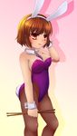  animal_ears brown_hair bunny_ears bunny_tail bunnysuit detached_collar drumsticks highres horikawa_raiko kakiikada necktie pantyhose purple_neckwear red_eyes short_hair solo tail touhou wrist_cuffs 