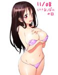  :d bikini bikini_top_removed blush breast_hold breast_lift breast_rest breast_suppress breasts brown_hair collarbone dated hand_on_own_chest large_breasts long_hair looking_at_viewer navel onsoku_maru open_mouth original purple_bikini red_eyes simple_background smile solo swimsuit tareme thick_thighs thighs translated undressing white_background 