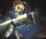  ahoge armor armored_dress artoria_pendragon_(all) blonde_hair dress fate/stay_night fate_(series) gauntlets green_eyes riftgarret saber solo sword weapon 