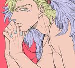  blonde_hair caesar_anthonio_zeppeli cross cross_necklace feathers green_eyes hair_feathers jewelry jojo_no_kimyou_na_bouken kock_k male_focus nail_polish necklace shirtless solo 