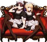  absurdres ahoge apron black_hair black_legwear blonde_hair breasts choker cleavage fate/stay_night fate_(series) full_body garters green_eyes hair_ribbon highres leg_up looking_at_viewer maid maid_apron maid_headdress medium_breasts multiple_girls ribbon saber simple_background sitting smile takeuchi_takashi thighhighs tohsaka_rin twintails two_side_up white_background wrist_cuffs zettai_ryouiki 