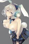  :&lt; animal_ears bad_id bad_twitter_id between_breasts black_skirt blurry blush breasts bunny_ears bunny_tail bunnysuit cleavage depth_of_field detached_collar grey_background hand_on_own_chest large_breasts looking_at_viewer necktie necktie_between_breasts oshiro_project pantyhose pleated_skirt shikano_(oshiro_project) short_hair shu-cem simple_background skindentation skirt solo spikes tail wrist_cuffs 