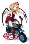  ascot bad_id bad_pixiv_id blonde_hair boots brown_gloves dress flandre_scarlet gloves goggles goggles_around_neck grin ground_vehicle hat hat_ribbon looking_at_viewer mob_cap moped motor_vehicle red_dress red_eyes retota ribbon sash sharp_teeth shirt short_sleeves side_ponytail smile solo teeth touhou wings 