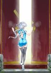  blue_eyes china_dress chinese_clothes dongqing_zaozigao dress from_behind gate highres long_hair looking_at_viewer looking_back luo_tianyi shoes short_hair_with_long_locks silver_hair solo thighhighs vocaloid vocanese zettai_ryouiki 