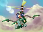  backpack bag blue_eyes blue_hair dual_wielding finger_on_trigger flying gun hair_bobbles hair_ornament handgun hat highres holding kawashiro_nitori key mechanical_arms motion_blur open_mouth pistol propeller ryuu_(multitask) short_hair solo touhou two_side_up weapon 