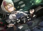  alice_margatroid blonde_hair blue_eyes dress fine_art_parody flower gothic_lolita hat headdress highres kumonji_aruto lolita_fashion looking_at_viewer ophelia_(painting) parody partially_submerged petals ribbon rose serious solo touhou water 