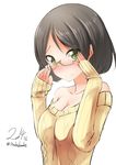  bad_id bad_pixiv_id black_hair breasts cleavage dated glasses green-framed_eyewear green_eyes kantai_collection kirishima_(kantai_collection) looking_at_viewer medium_breasts nekobaka semi-rimless_eyewear short_hair solo sweater twitter_username under-rim_eyewear 