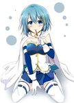  armband bad_id bad_pixiv_id belt blue_eyes blue_hair cape food gloves hair_ornament hairclip magical_girl mahou_shoujo_madoka_magica mahou_shoujo_madoka_magica_movie miki_sayaka pocky shiina_kuro short_hair sitting smile solo soul_gem wariza 