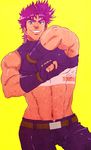  bad_id bad_pixiv_id crop_top fingerless_gloves gloves jojo_no_kimyou_na_bouken joseph_joestar_(young) male_focus manly muscle purple_hair shirt_lift solo tan tanline zrgt1130 