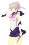  adjusting_hair alternate_costume bishoujo_senshi_sailor_moon blue_eyes braid breasts cosplay covered_navel cowboy_shot gloves izayoi_sakuya knife nakadori_(movgnsk) sailor_senshi_uniform short_hair silver_hair skirt small_breasts solo tiara touhou white_background white_gloves 