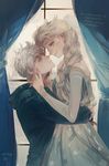 2014 bad_id bad_twitter_id blue_dress braid couple crossover curtains dated dress elsa_(frozen) from_side frozen_(disney) half-closed_eyes hetero highres hug jack_frost_(rise_of_the_guardians) long_hair panbukin platinum_blonde_hair rise_of_the_guardians sepia short_hair side_braid silver_hair single_braid smile touching window 
