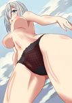  1girl areolae black_panties blue_eyes blush breasts cameltoe female from_below hair_ornament hair_over_one_eye hairclip hamakaze_(kantai_collection) kantai_collection lace-trimmed_panties large_breasts lingerie mushin navel nipples outdoors panties panties_only perky_breasts shiny shiny_skin short_hair silver_hair sky solo standing thighs topless underwear underwear_only 