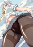  1girl blue_eyes blush breasts cameltoe erect_nipples female from_below hair_ornament hair_over_one_eye hairclip hamakaze_(kantai_collection) kantai_collection large_breasts midriff miniskirt mushin navel no_bra outdoors panties pantyhose perky_breasts shiny shiny_skin shirt short_hair silver_hair skirt sky solo standing thighs underwear upskirt 