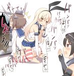  ass barefoot black_hair black_panties blonde_hair brown_eyes brown_hair dress elbow_gloves gloves headgear highleg highleg_panties kantai_collection long_hair mikage_sekizai multiple_girls nagato_(kantai_collection) open_mouth panties sailor_dress seiza shimakaze_(kantai_collection) short_hair sitting sitting_on_person slapping spanking tears television thighhighs translation_request underwear white_panties yukikaze_(kantai_collection) 