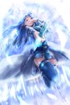  asuna_(sao) asuna_(sao-alo) blue_eyes blue_hair highres long_hair pointy_ears runes solo sword sword_art_online thighhighs tsutsumotase weapon 