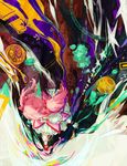  abstract_background absurdres bad_id bad_pixiv_id canvas_(medium) colorful commentary_request dress from_above gloves hair_ribbon highres kaname_madoka kneehighs magical_girl mahou_shoujo_madoka_magica mixed_media pink_hair ribbon rye-beer short_hair solo surreal traditional_media twintails 