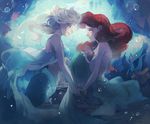  ariel_(disney) bad_id bad_twitter_id bare_shoulders bikini_top blue blurry braid cape company_connection creator_connection crossover depth_of_field elsa_(frozen) from_side frozen_(disney) half-closed_eyes holding_hands long_hair looking_at_another mermaid midriff monster_girl multiple_girls panbukin parted_lips platinum_blonde_hair red_hair single_braid smile the_little_mermaid underwater yuri 