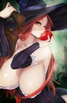  apple bare_shoulders breasts brown_eyes cleavage detached_sleeves dragon's_crown dress food fruit hanging_breasts hat highres huge_breasts hyocorou light_smile lips long_hair looking_at_viewer nose pitui1996 red_hair ribbed_dress shiny shiny_skin solo sorceress_(dragon's_crown) staff strapless strapless_dress witch_hat 