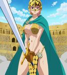  1girl armor bikini_armor breasts brown_eyes cape cleavage cloud dressrosa female gladiator gloves helmet large_breasts looking_at_viewer navel one_piece pink_hair rebecca_(one_piece) screencap solo standing stitched sword underboob weapon 