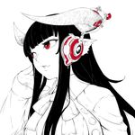  animal_ears bangs black_hair blunt_bangs bow headphones horned_girl_(jaco) horns jaco long_hair looking_away monochrome original red_eyes sidelocks simple_background solo spot_color upper_body white_background 