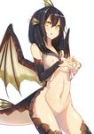  black_hair breasts covered_nipples cowboy_shot groin head_fins highres long_hair medium_breasts monster_girl monster_hunter navel no_panties personification plesioth sailor_collar solo steepled_fingers tail tibet_tanioka underboob wet white_background wings yellow_eyes 