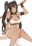  arm_support armlet bare_shoulders blush breasts brown_eyes brown_hair cleavage cleavage_cutout dark_skin downscaled egyptian_mythology fingerless_gloves gloves highres large_breasts long_hair looking_at_viewer md5_mismatch nekhbet original polearm resized ricci sitting solo weapon white_background 