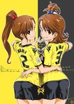  ass borussia_dortmund brown_eyes bundesliga commentary_request cowboy_shot from_behind futami_ami futami_mami grin hair_bobbles hair_ornament heart heart_hands heart_hands_duo idolmaster idolmaster_(classic) inoue_sora long_hair looking_at_viewer looking_back multiple_girls pantylines short_hair shorts siblings side_ponytail sisters smile soccer soccer_uniform sportswear star twins 