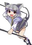  animal_ears capelet dowsing_rod dress dress_lift fang fun_bo grey_dress grey_hair long_sleeves looking_at_viewer mouse_ears mouse_tail nazrin red_eyes solo tail touhou 