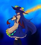  blue_hair bow dress food fruit hat hinanawi_tenshi long_hair peach red_eyes solo sword_of_hisou touhou very_long_hair weapon xkaishaku 