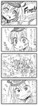  &gt;_&lt; 4koma anchor_hair_ornament artist_request bismarck_(kantai_collection) blush breath closed_eyes comic drooling english firing greyscale hair_ornament hat highres kantai_collection long_hair long_sleeves machinery military military_uniform monochrome multiple_girls open_mouth peaked_cap prinz_eugen_(kantai_collection) simple_background smoke sparkle sweatdrop symbol-shaped_pupils thighhighs thought_bubble translated turret twintails uniform white_background 