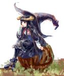  bad_id bad_pixiv_id bangs black_hair blunt_bangs crossed_legs full_body hat horned_girl_(jaco) horns jack-o'-lantern jaco long_hair looking_away original red_eyes simple_background sitting solo white_background witch_hat 