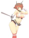  adapted_costume bare_shoulders blush breasts brown_hair cleavage covered_nipples gloves green_eyes headgear kantai_collection large_breasts microskirt mutsu_(kantai_collection) nakadori_(movgnsk) navel red_legwear short_hair skirt solo sword thighhighs weapon white_background white_gloves 