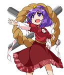  dress fun_bo hair_ornament hand_on_hip long_sleeves marisa_to_alice_no_cookie_storia mirror open_mouth outstretched_arm pillar purple_eyes purple_hair red_dress rope shimenawa short_over_long_sleeves short_sleeves smile solo touhou x yasaka_kanako 