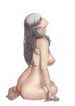  ass bad_id bad_pixiv_id barefoot breasts full_body highres large_breasts long_hair looking_up nipples nude original pandea_work pointy_ears silver_hair simple_background sitting solo white_background 