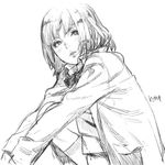  bad_id bad_twitter_id cardigan commentary_request greyscale kozaki_yuusuke leg_warmers looking_to_the_side monochrome school_uniform short_hair sketch skirt solo squatting 