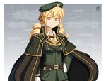  aiguillette baton belt belt_buckle beret blaze45 blonde_hair buckle cape drill_hair epaulettes fleet gloves hair_ornament hairpin hat highres long_hair mahou_shoujo_madoka_magica marshal's_baton medal military military_hat military_jacket military_uniform necktie officer science_fiction shoulder_pads solo space_craft star tomoe_mami twin_drills uniform watermark white_gloves yellow_eyes 
