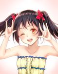  ;d \m/ bare_shoulders black_hair blush bow collarbone double_\m/ hair_bow highres looking_at_viewer love_live! love_live!_school_idol_project md5_mismatch moai715 nico_nico_nii one_eye_closed open_mouth red_eyes short_hair smile solo twintails upper_body yazawa_nico 