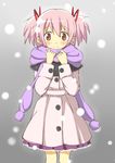  blush hair_ribbon heavy_breathing jacket kaname_madoka mahou_shoujo_madoka_magica pink_eyes pink_hair ribbon scarf smile snowing solo tsubaki_(tatajd) twintails 