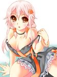  bad_id bad_pixiv_id bare_shoulders breasts cleavage guilty_crown hair_ornament hairclip iwato_(celler) long_hair looking_at_viewer medium_breasts no_bra pink_hair red_eyes solo strap_slip twintails yuzuriha_inori 