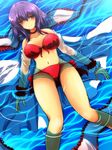  bikini blush breasts collarbone commentary_request drunk floating_hair highres large_breasts long_sleeves md5_mismatch nagae_iku navel nekominase off_shoulder open_clothes open_shirt purple_hair red_bikini red_eyes shawl shirt solo swimsuit touhou water wet wet_clothes wet_shirt 