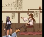 2girls ahoge bare_shoulders brown_hair commentary_request detached_sleeves double_bun dyson_(edaokunnsaikouya) egyptian_art hairband headgear japanese_clothes kantai_collection kongou_(kantai_collection) long_hair mechanical_halo multiple_girls nontraditional_miko polearm purple_hair short_hair t-head_admiral tatsuta_(kantai_collection) thighhighs translation_request weapon 