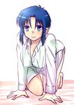  bad_id bad_twitter_id barefoot bed_sheet blue_eyes blue_hair blush ciel kneeling naked_shirt shirt short_hair smile solo tsukihime urako 