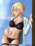 annie_leonhardt blonde_hair blue_eyes bra breasts cleavage dress_shirt fingernails fishnets hand_on_hip highres katzueki large_breasts lens_flare long_fingernails looking_to_the_side nail_polish navel open_clothes open_shirt panties parted_lips ponytail shingeki_no_kyojin shiny shiny_skin shirt short_hair skindentation solo standing stomach thigh_gap thighhighs underwear 