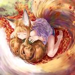  animal_ear_fluff animal_ears autumn_leaves barefoot bike_shorts blonde_hair closed_eyes fox_ears fox_girl_(jaco) fox_tail head_rest jack-o'-lantern jaco large_tail nail_polish original sitting solo sweater tail wariza 