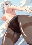  1girl areolae black_panties blue_eyes blush breasts cameltoe female from_below hair_ornament hair_over_one_eye hairclip hamakaze_(kantai_collection) kantai_collection lace-trimmed_panties large_breasts lingerie mushin navel nipples outdoors panties panties_only panties_under_pantyhose pantyhose perky_breasts shiny shiny_skin short_hair silver_hair sky solo standing thighs topless underwear underwear_only 