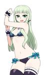  aikatsu! aikatsu!_(series) arm_up bangs bat_earrings bikini black_legwear blunt_bangs breasts chan_co cowboy_shot earrings fang green_eyes green_hair jewelry long_hair looking_at_viewer navel open_mouth simple_background small_breasts solo swimsuit thighhighs toudou_yurika white_background wrist_cuffs 