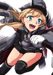  anchor_symbol aqua_eyes bad_id bad_pixiv_id black_legwear black_skirt blonde_hair clenched_hand gloves hat highres iron_cross kakiha_makoto kantai_collection leg_up long_sleeves machinery military military_hat military_uniform miniskirt peaked_cap pleated_skirt prinz_eugen_(kantai_collection) running skirt solo thighhighs twintails uniform white_background white_gloves 