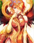  chinese_clothes elbow_gloves fingerless_gloves gloves green_eyes hair_over_one_eye leilan_(p&amp;d) long_hair puzzle_&amp;_dragons red_hair side_ponytail smile solo wings yuki.nya 