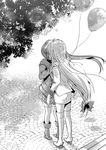  2girls artist_request balloon balloons couple fate_testarossa female hair_ornament kiss leaf leaves long_hair lyrical_nanoha mahou_senki_lyrical_nanoha_force mahou_shoujo_lyrical_nanoha mahou_shoujo_lyrical_nanoha_strikers mahou_shoujo_lyrical_nanoha_vivid monochrome multiple_girls ponytail skirt takamachi_nanoha tree very_long_hair yuri 